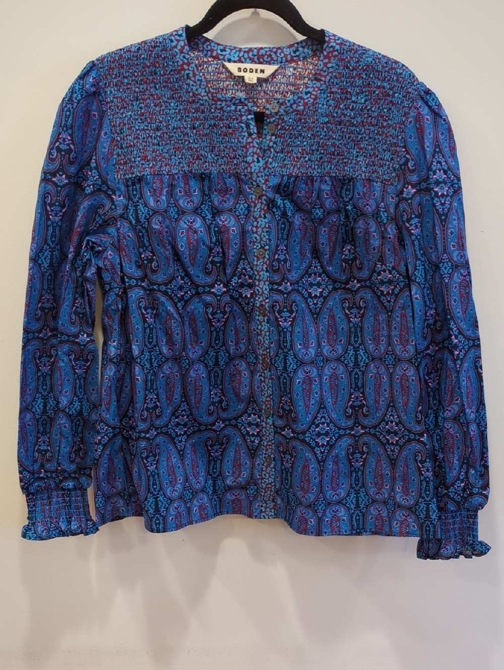 Boden Blue Purple Paisley Smocked Yoke Blouse US Size 12 Cottage Peasant Boho